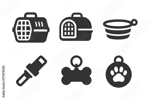 Set of pet accessories: carriers, bowls, seatbelt, bone keychain, paw tag icons.