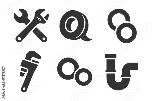 Plumbing tools and pipe fittings icons set.
