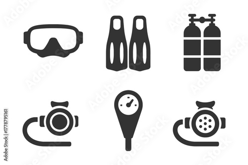 Scuba diving equipment icons featuring mask, fins, tanks, regulator, pressure gauge.