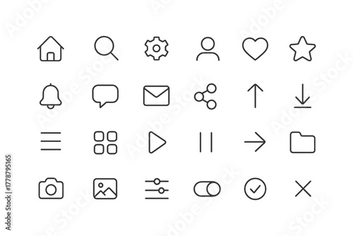 Set of minimalist user interface icons for digital applications.