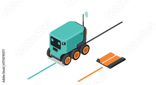 Autonomous delivery robot in isometric design with charging station on white background