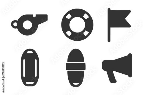 Set of lifeguard icons: whistle, lifebuoy, flag, board, megaphone symbols.