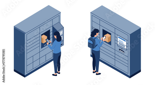 Woman using automated locker for parcel pickup and smart delivery