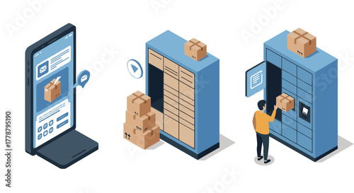 Contactless parcel pickup concept with mobile interface and smart lockers in isometric design