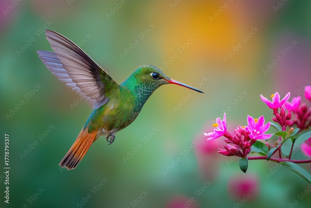 Fototapeta premium Colorful hummingbird hovering near pink flowers in tropical garden with soft blurred background