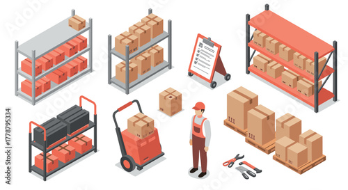 Warehouse logistics isometric set worker, shelving, boxes, and tools for efficient storage and organization