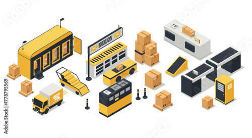Isometric logistics hub with delivery trucks, packages, and conveyor system