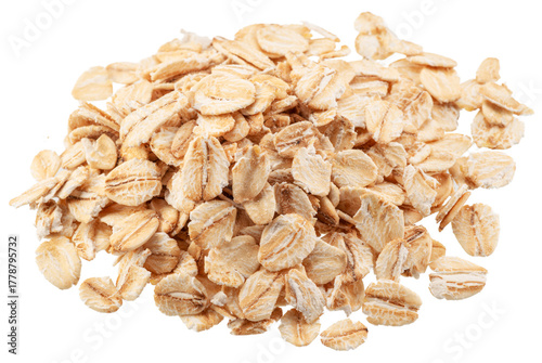 Rolled oat flakes isolated on white background. Macro shoot. File contains clopping paths.