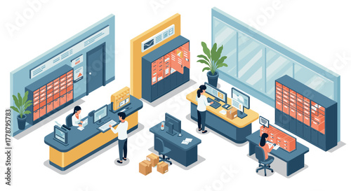 Isometric office workspace with people working at desks and organizing documents