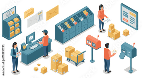Isometric post office scenes with employees sorting and delivering mail in a modern setting