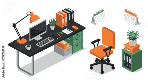 Modern office workspace with desk and chair in isometric style