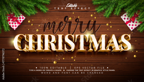 Merry Christmas Text Effect Design Editable Vector Graphic Style with 3D Gold and Engraved Typography Lettering on Vintage Wood Background. Winter Holiday Scalable Illustration Template with Goft Box