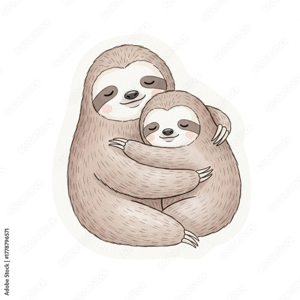 Naklejka premium Adorable illustration of a sloth mom cuddling her baby. Symbol of love, protection, comfort, and gentle parenting in nature