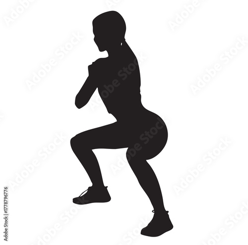 Squat Silhouette, Woman Exercising on White Background