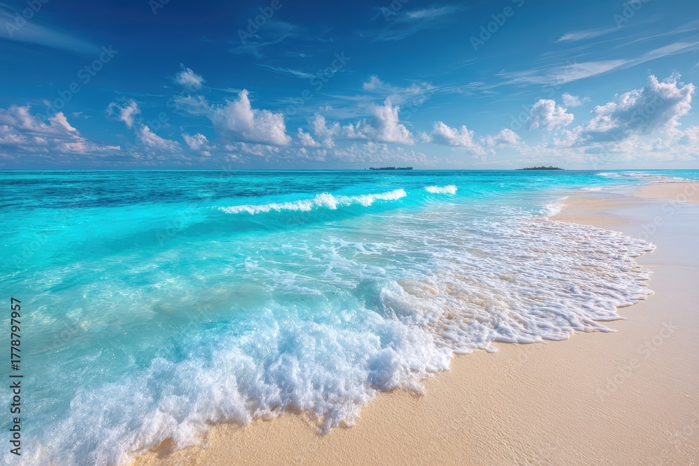 Obraz premium Exploring the serene beauty of a pristine sandy beach with white sand, gentle waves, and a clear blue sky on a sunny day by the ocean