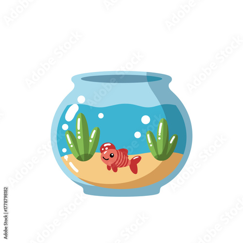 Cartoon goldfish swimming in a bowl with plants and sand  