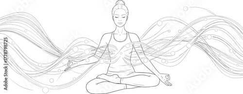 Meditation woman with flowing energy lines in yoga pose, abstract aura design, spiritual harmony, wellness concept, vector illustration art