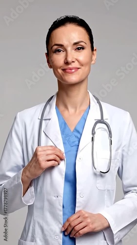A smiling female doctor in a white coat with a stethoscope around her neck