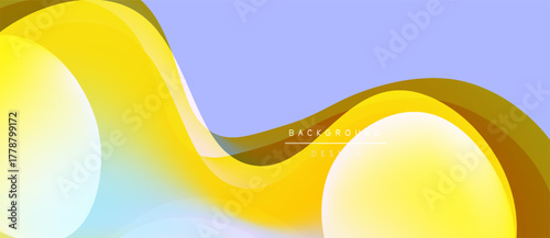 Abstract fluid shapes, yellow hues blend with lavender backdrop. Smooth gradients create dynamic visual flow. Modern design element.