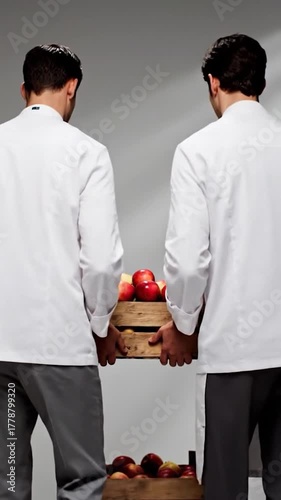 Two figures hold a wooden crate filled with red apples, others in foreground, backs shown
