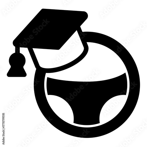 Steering wheel and hat solid icon, driver license concept. Vector graphics. Wheel and driving school graduation cap sign on white background, style icon mobile or web design.