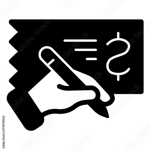 Check with hand signature with pen solid icon, finance concept. Vector graphics. Financial bill, payment sign on white background, style icon mobile or web design.