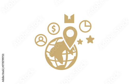 Global business and finance concept with location and success icons