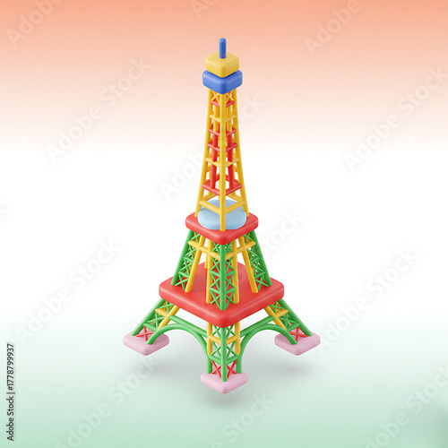 A colorful 3D isometric illustration of the Eiffel Tower stylized as a toy on a gradient background.