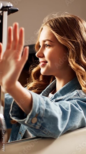 A young woman waves from a vehicle. She has flowing hair and a denim jacket, smiling