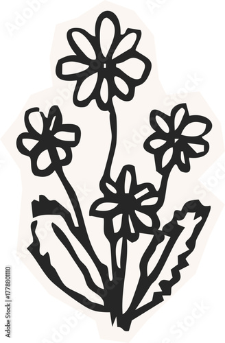 Minimalist Plant Illustration Cutout Paper. Wild forest herbs and flowers vintage textured chalk drawing sketch