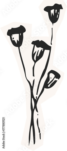 Minimalist Plant Illustration Cutout Paper. Wild forest herbs and flowers vintage textured chalk drawing sketch