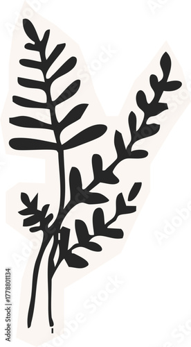 Minimalist Plant Illustration Cutout Paper. Wild forest herbs and flowers vintage textured chalk drawing sketch