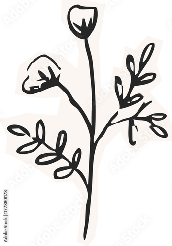 Minimalist Plant Illustration Cutout Paper. Wild forest herbs and flowers vintage textured chalk drawing sketch