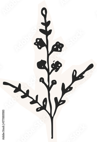 Minimalist Plant Illustration Cutout Paper. Wild forest herbs and flowers vintage textured chalk drawing sketch