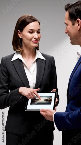 A woman in a dark suit points at a tablet showing a landscape to a man in a blue suit