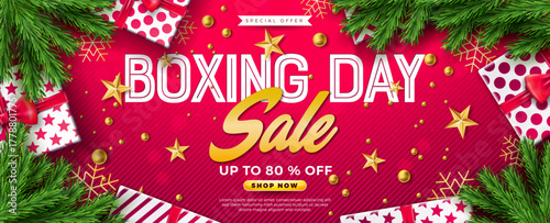 Boxing Day Sale Design with Gift Box, Golden Ornamental Ball, Fir Branch and Typography Lettering on Red Background. Christmas Holiday Shopping Day Vector Business Illustration with Special Offer
