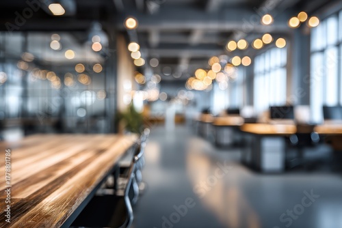 Wallpaper Mural Business office interior with blurred background lights and wooden table reflecting a modern workspace atmosphere during daytime Torontodigital.ca