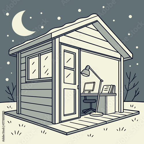 A cozy shed office in the winter night with snow and a bright moon