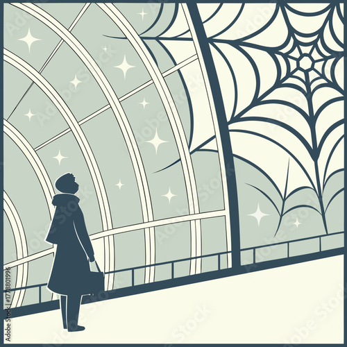 A person with a suitcase looking at a spider web on a window