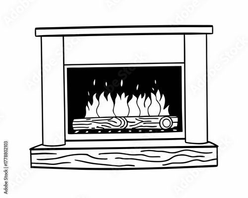 Illustration of a fireplace with burning logs