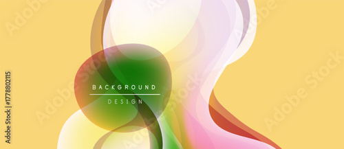 Abstract fluid shapes overlap, creating vibrant color gradients. Soft yellow background complements dynamic design elements. Modern, smooth aesthetic.