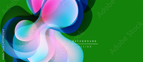 Abstract shapes overlap, creating vibrant color blends. Green background provides strong contrast. Modern design element.