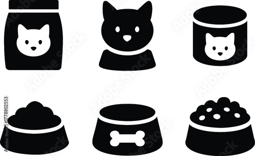 Pet Food and Care Icon Set, cat dog nutrition symbols, animal care icon, food bowl, pet product, veterinary UI,  pet hygiene symbols, pet supply icons, pet feeding icons, pet care icons, pet diet 