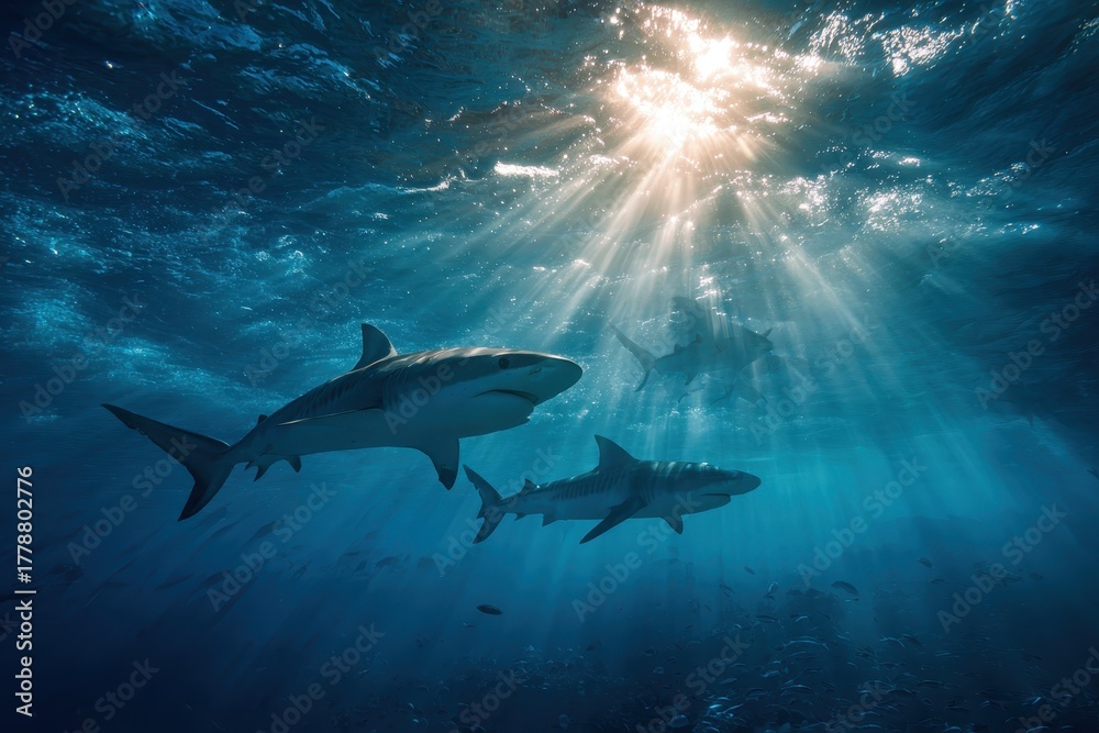 Obraz premium Sharks swim gracefully underwater in the ocean illuminated by bright sunlight shining through the surface waters