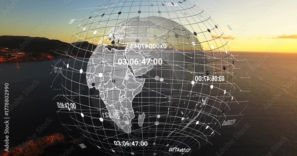Obraz premium Displaying digital wireframe globe with grid lines and numeric labels over coastal sunset seascape