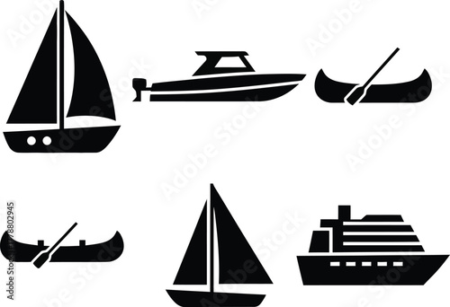 "Boat and Watercraft Icon Set – Silhouettes of Sailboat, Motorboat, Canoe, and Cruise Ship for Maritime, Travel, and Nautical Design Projects"