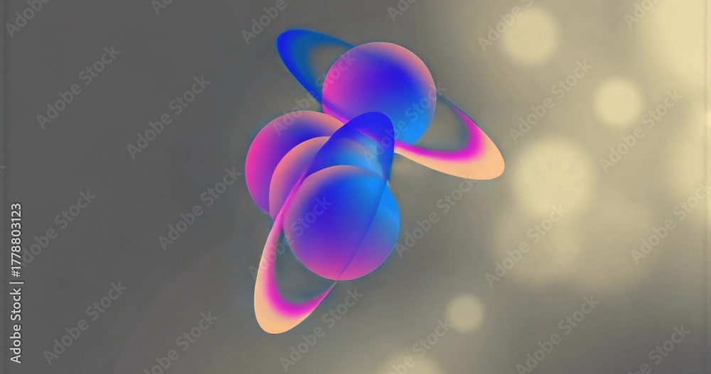 Fototapeta premium Floating cluster of four gradient spheres drifting in studio, with torus rings and bokeh spots