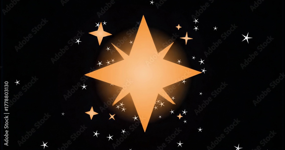 Obraz premium Glowing golden eight-pointed star emitting halo glow in space field, with white and orange stars