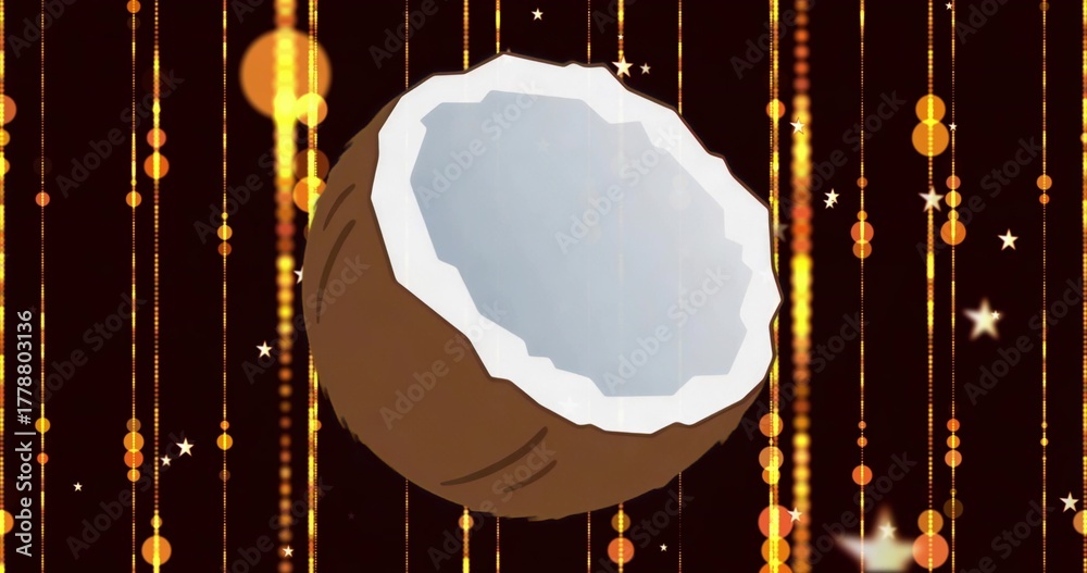 Fototapeta premium Floating half coconut shell showing white flesh in abstract digital studio, with golden light lines