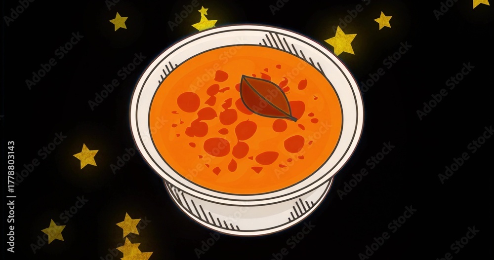 Obraz premium Displaying white bowl holding orange soup with bay leaf against cosmic backdrop, golden stars
